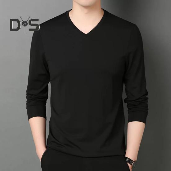 Men Fall Spring Top V Neck Long Sleeves Pure Color Slim Fit Thin Pullover T-shirt Daily Wear Sport Homewear Clothes