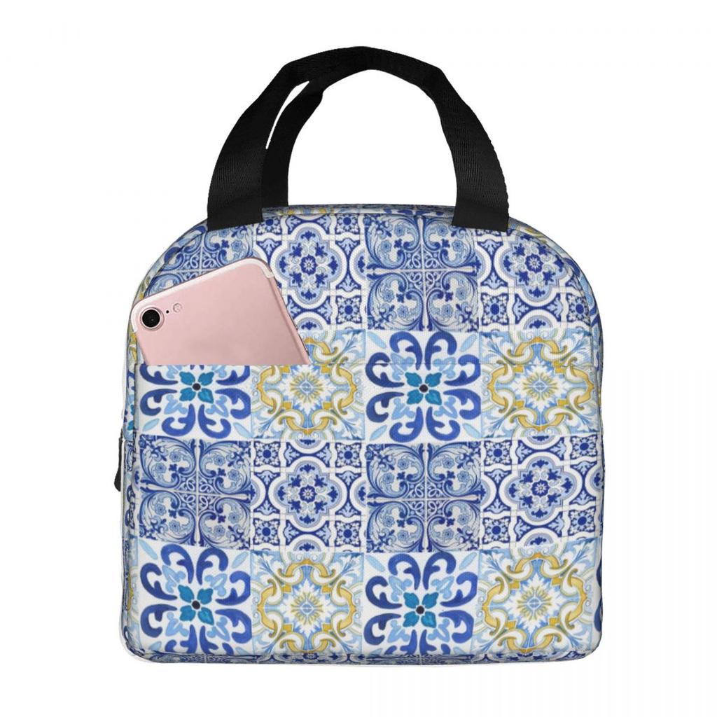 Sicilian Tiles,mediterranean,Lunch Bags Insulated Bento Box Lunch Tote Resuable Picnic Bags Thermal Bag for Woman Kids School