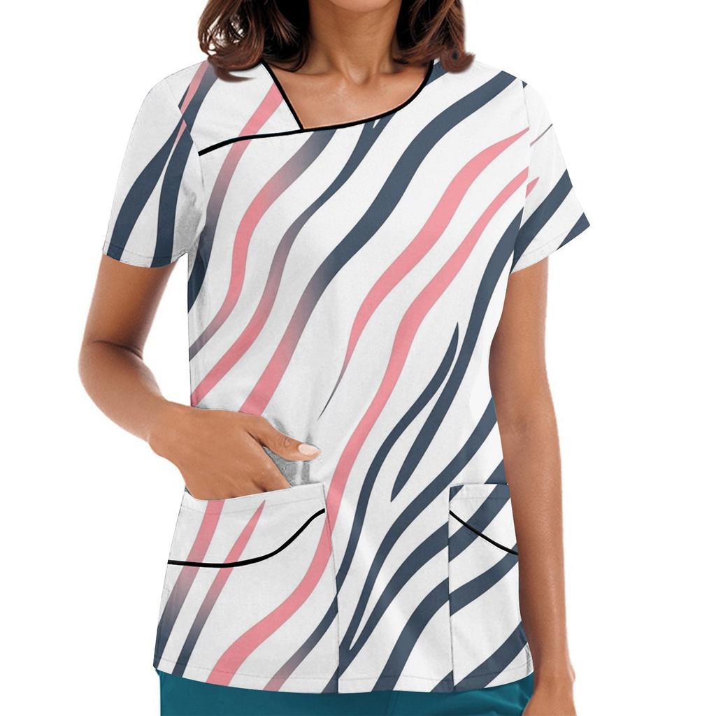 Dámské potištěné pracovní oblečení, šikmý límec a dvojité kapsy, základní top pulovr