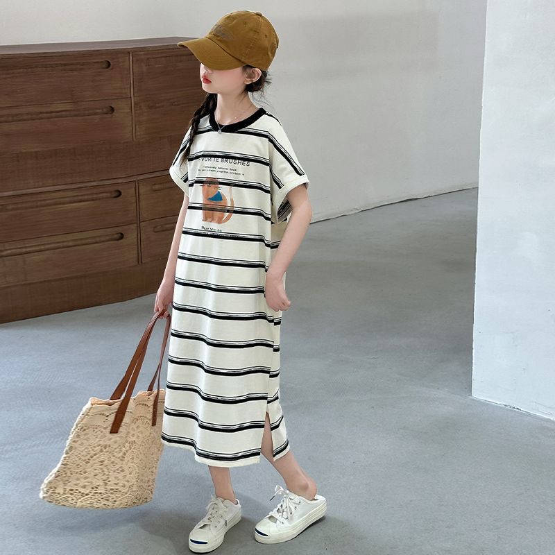 Girls Loose Fit Casual Striped Dress with Cute Print for Summer