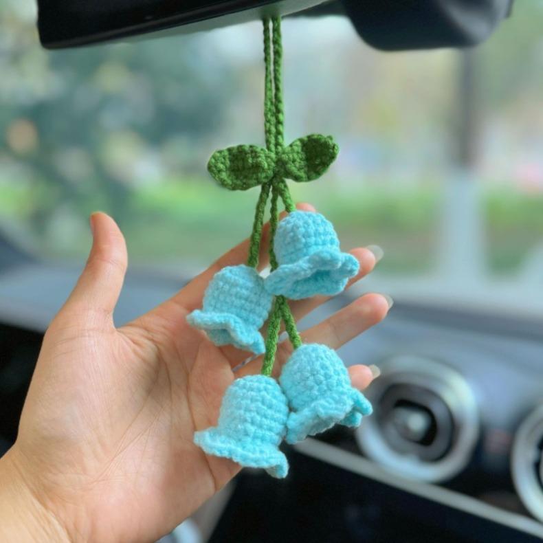Cute Handmade Crochet Lily Flower Car Pendant Bluebell Flower Car Rearview Mirror Hanging Keychain Decoration Gift