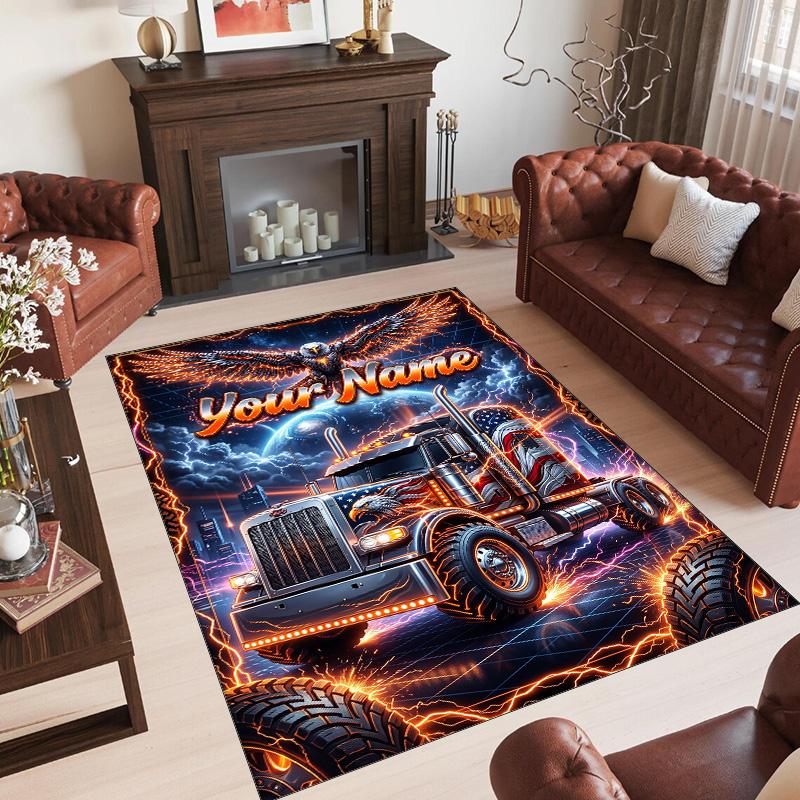 Truck Theme Crystal Velvet Rug Personalized Custom Name Text Soft Floor Mat Home Decor