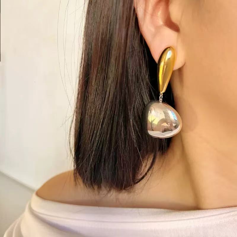 GANEMLY 316L Edelstahl Geometrische Zweifarbige Hängeohrringe Für Damen Charme Metalltextur Wasserdicht Ohrhänger Schmuck
