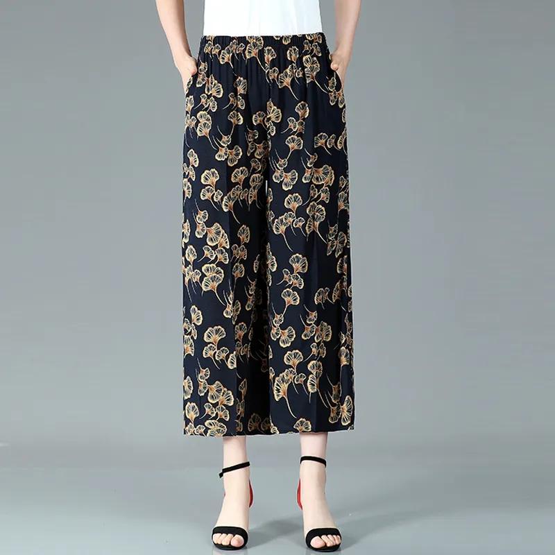 WTEMPO Cotton Hemp Blend Women Large Size Wide Leg Pants Mom High Waist Elastic Printed Thin Cropped Pants
