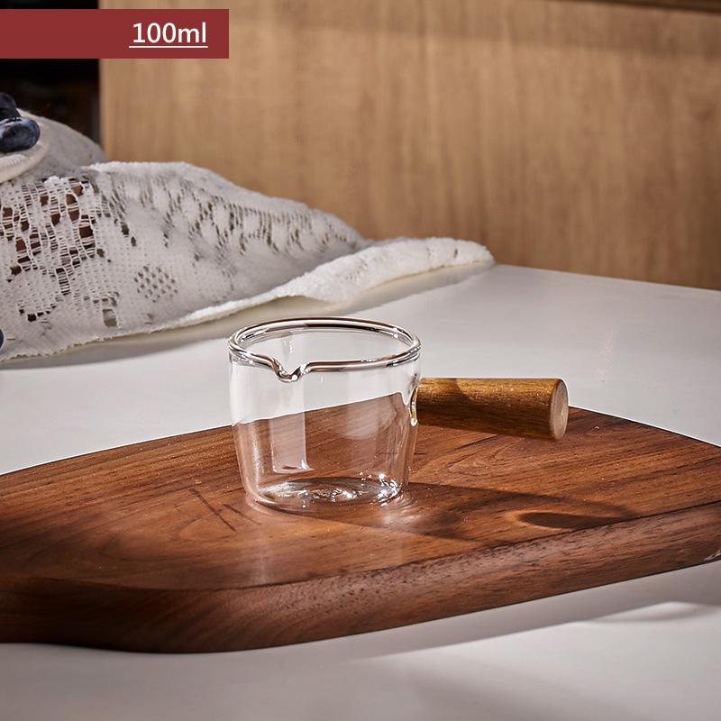 Glass Espresso Measuring Cup Single/Double Mouth Milk Jug Coffee Supplies Transparent Kitchen Measure Mug Wood Handle