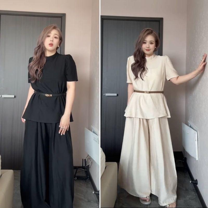 Plus Size Chic French Style Summer Suit: Short Sleeve Top & Wide-Leg Pants Set