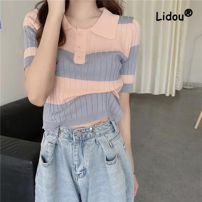 Fashion Color Contrast Striped Button Knitting T-shirt Women Short Interior Lapping Classic Polo Collar High Waist All-match Top