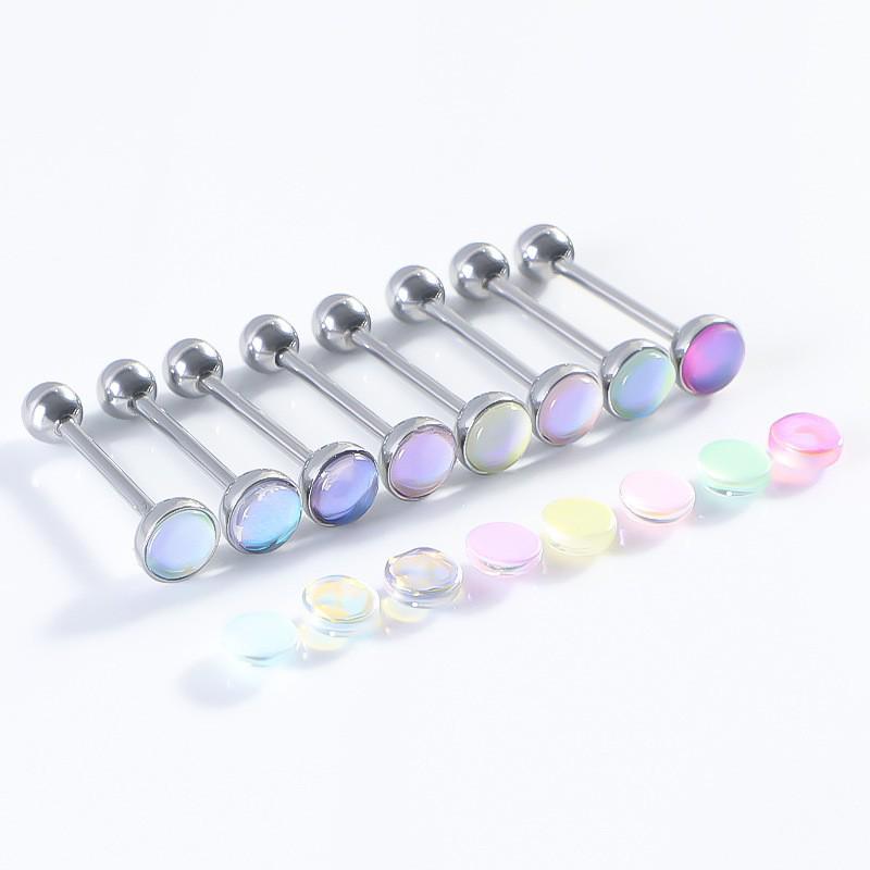 Iridescent Multi-Color Stainless Steel Tongue Ring - Removable Threaded Piercing Jewelry, Hot Girl Style.