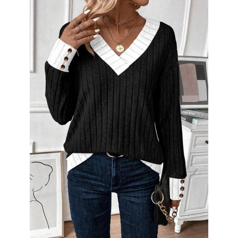 Women S Casual V Neck Solid Color Long Sleeve T Shirt With Splice