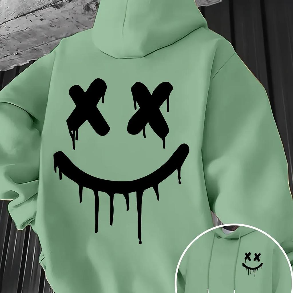 Smiley Face Print Men's and Women's Autumn  Winter Trendy Printed Hooded Fleece Sweatshirt Front and Back Printed Casual Hoodie