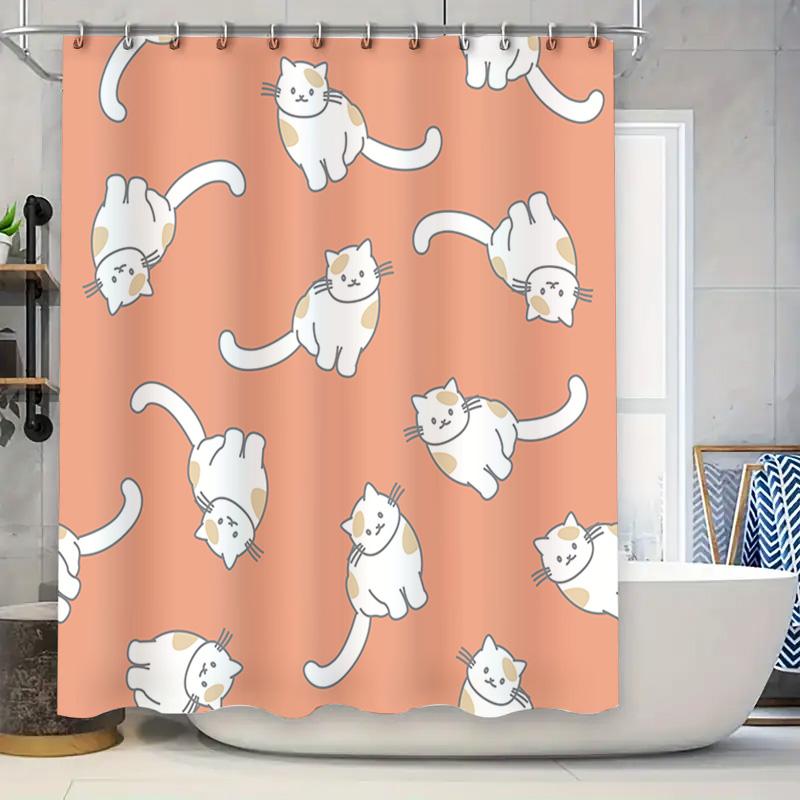 

Cute Cats Printed Shower Curtain Set For Bathroom Decor Pink Color With White Stripes (84 X 72 Inches) Free U.S Shipping W60H190(CM)-1 Pcs