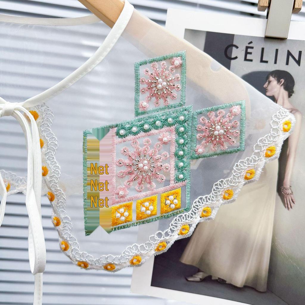 Colorful Embroidered Beaded Bow Tie False Collar - Ethnic Style Floral Design