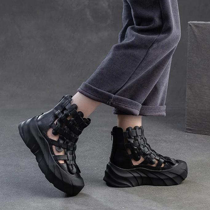 Johnature Cizme de vară țesute manual și respirabile, din piele naturală, retro, confortabile, cu talpă groasă, pantofi de damă