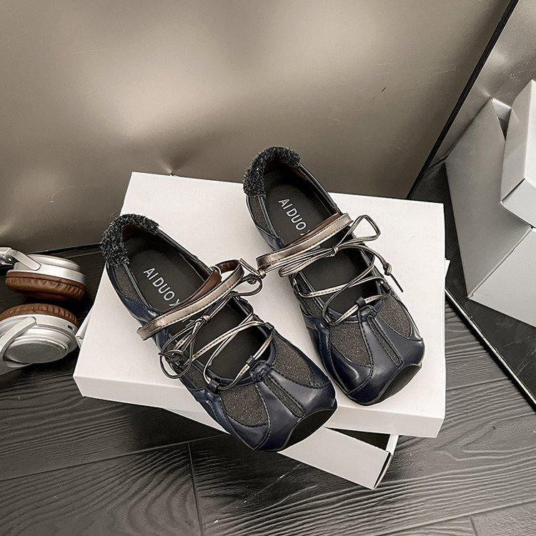 

Sheepskin version~ Functional wind sports square head ballet shoes women s versatile cross belt Velcro shallow mouth Mary Jane single shoes 40 синий