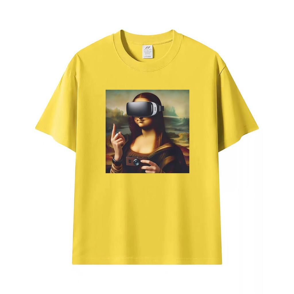 Funny Mona Lisa With Headset Funny Meme Graphic T Shirts Unisex Unisex Casual Cotton Tshirt Fashion Short Sleeve Oversized Tshirts
