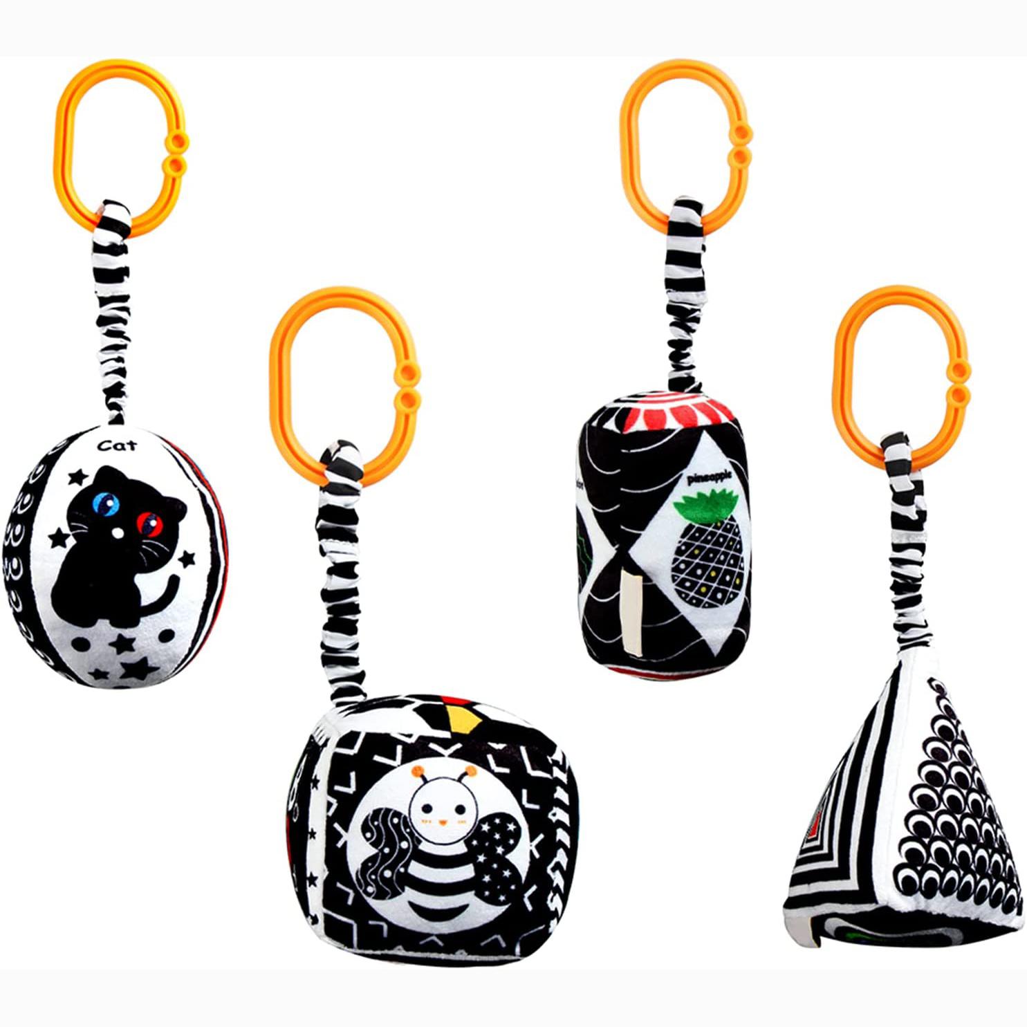 

Детские подвесные игрушки-погремушки, 4 шт., игрушки для автокресел, колясок, мягкие скрипучие игрушки для детей 0-6 месяцев, новорожденная детская кроватка-автомобиль, кроватка, путешествия 27x10cm чёрный/белый