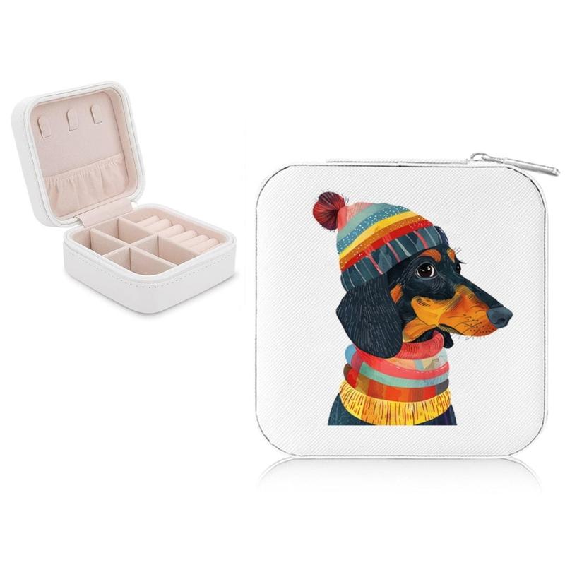 

Travel Friendly Jewellery Holder Dachshund Themed Jewelry Storage Box PU Leather Case with Zippers for Accessories 1