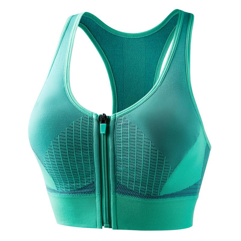 Color Block Shockproof Front Zip Racerback Sports Bra For Gym Running Seamless Back Closure