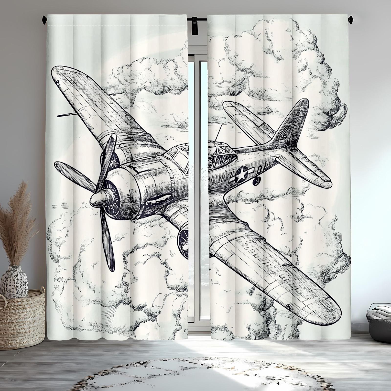 

Set Of 2 Classic Airplane Window Drapes Vintage Blue Black Round Frame Sketch Sky Clouds Polyester Fabric Home Decor Curta Curtain W100*H70(CM)-Rod Pocket&1PCS