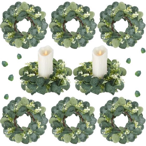 8 Pcs Candle Rings Artificial Eucalyptus Leaves Wreaths Candle Rings Wreaths Greenery Wreath Candle Rings for Pillars Boho Wreath Pillar