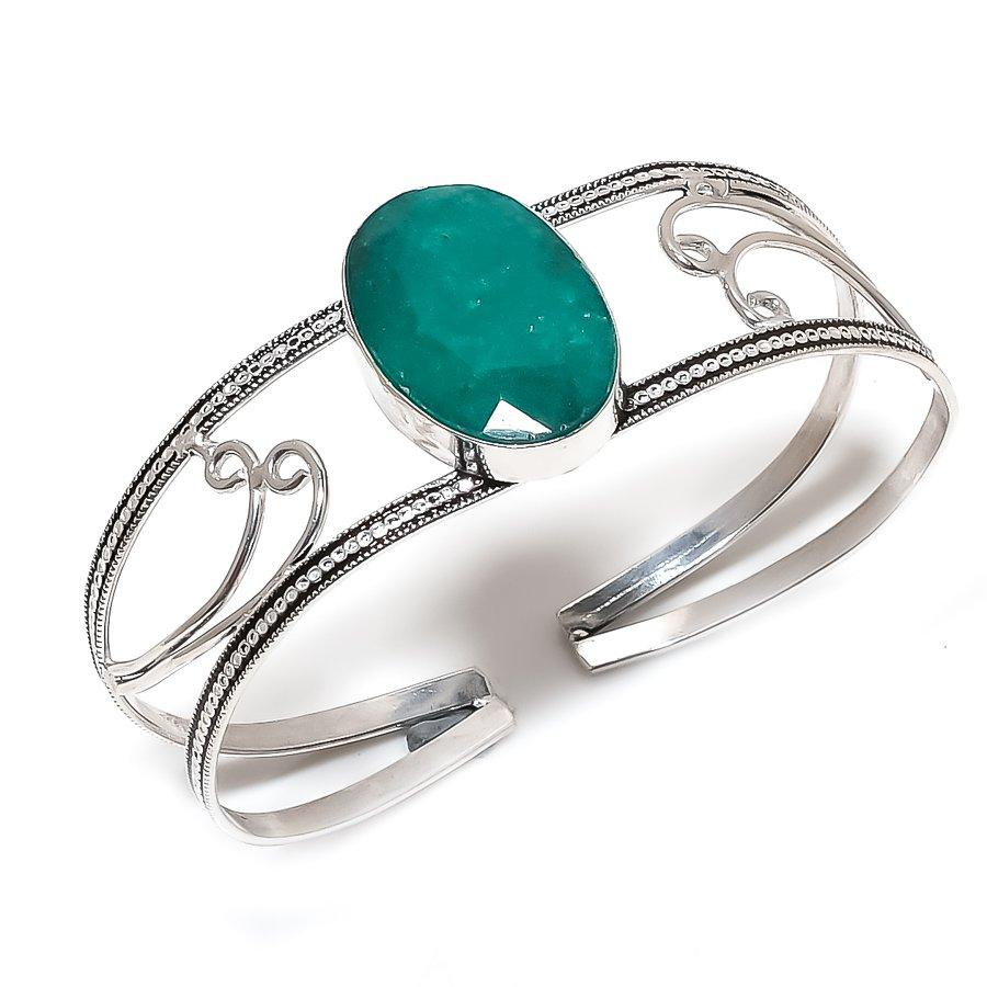 

Изумруд(Смоделированный) Драгоценный камень 925 Стерлинговое серебро Манжета Браслет Регулируемый K0S33