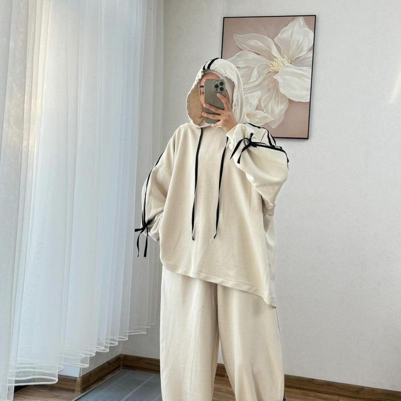 Women's Two Piece Outfit Hooded Sweatshirt Wide Leg Pants Set Casual Loose Tracksuit Muslim Modest Wear