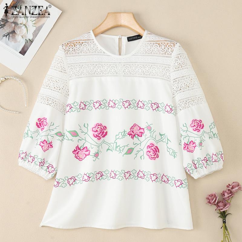 ZANZEA Women Casual Lace Patchwork Round Neck 3/4 Sleeve Floral Print Blouse