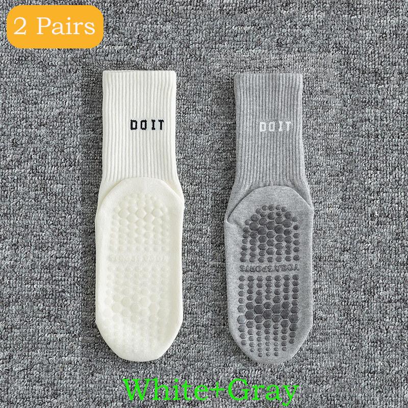 2 Pairs Sports Socks Cotton Mid-calf Yoga Socks Solid Striped Breathable Anti-slip Indoor Fitness Socks Gym Dance Pilates Socks