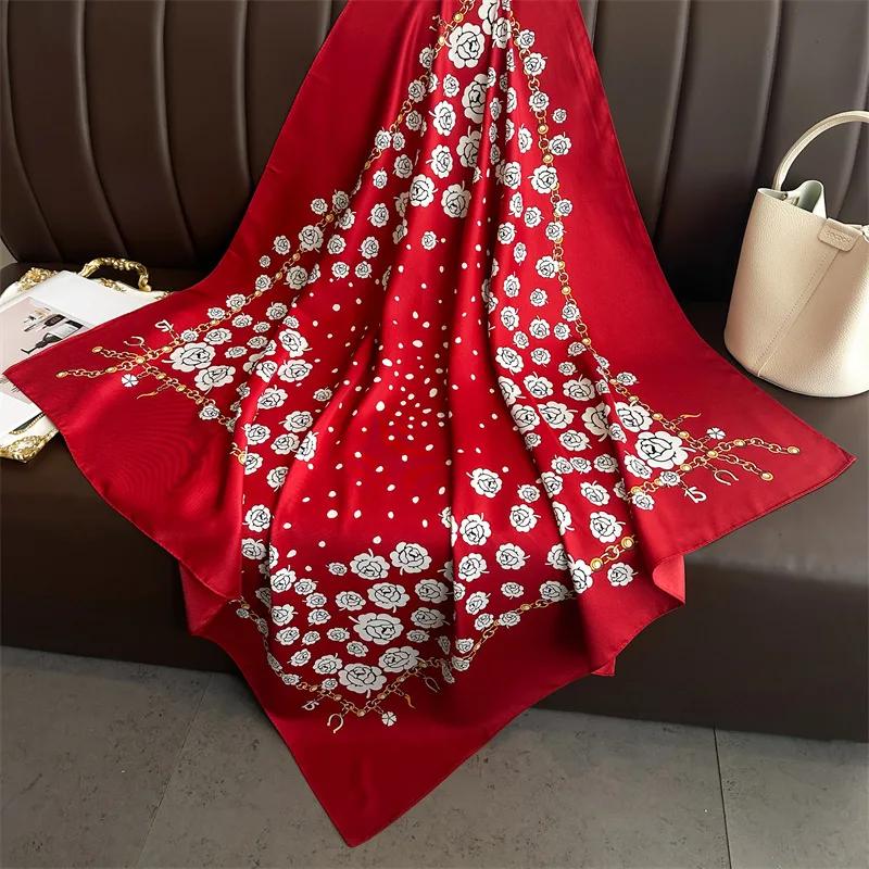 90*90cm Hair Scarf Women Shawls Fashion Beach Silk Scarves  Luxury Kerchief Popular Print Square Bandannas Foulard Headscarf