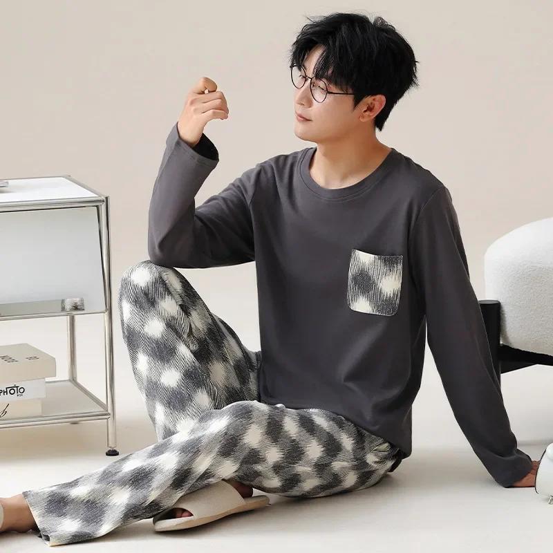 Autumn Men's Pajamas Loungewear Set Simple Loose Youth Pajamas Loungewear Long Sleeve Pant Spring Pajamas Loungewear Dropship