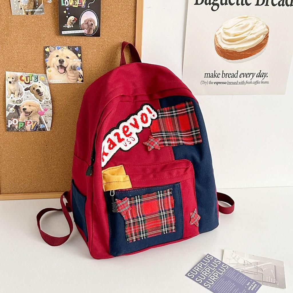 Stylish Red Plaid Backpack Large Capacity Comfortable School Bag For Students