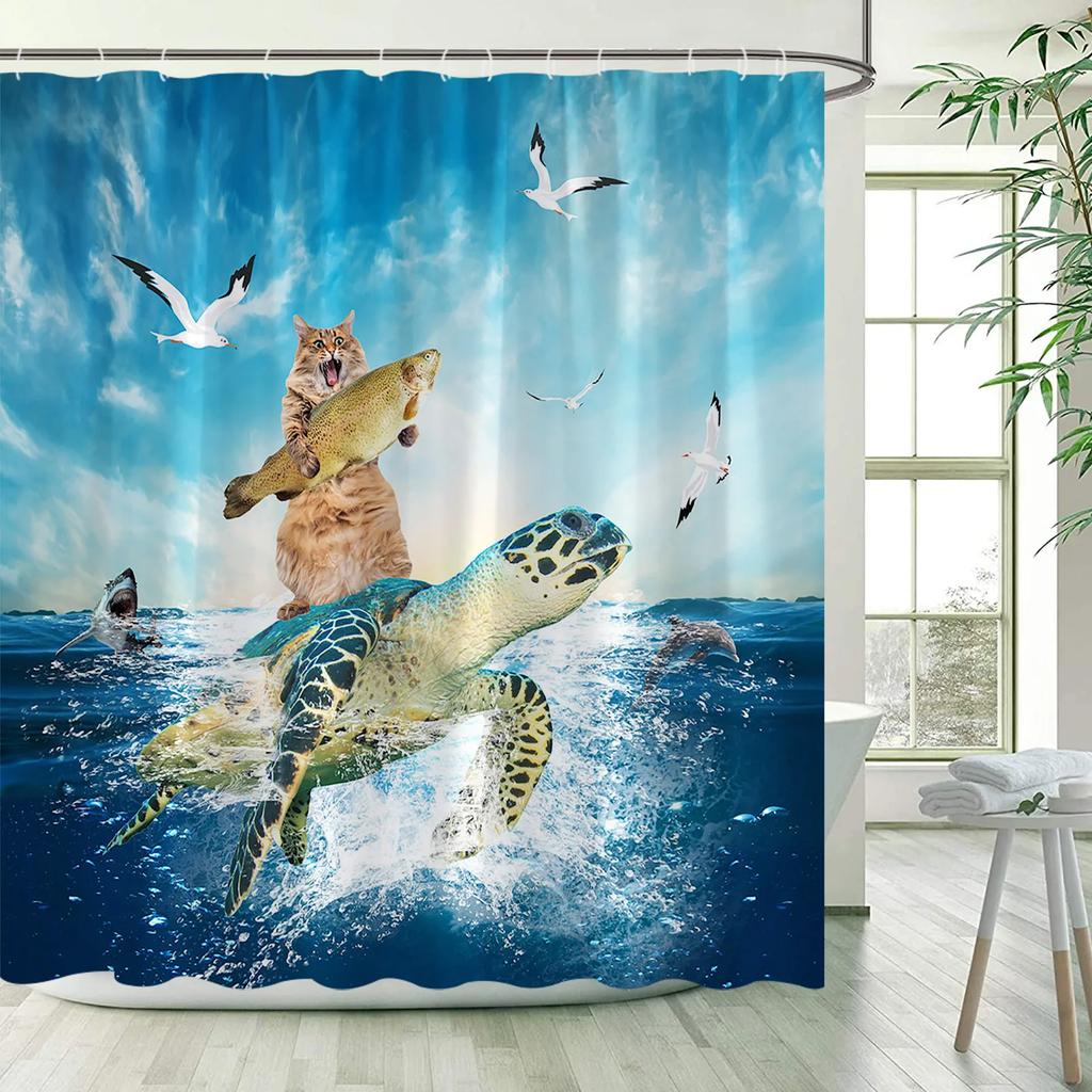 Funny Shower Curtains Cat Riding Shark Ocean Birds Sea Waves Cool Fun Bath Curtain Polyester Fabric Kids Bathroom Decor Sets