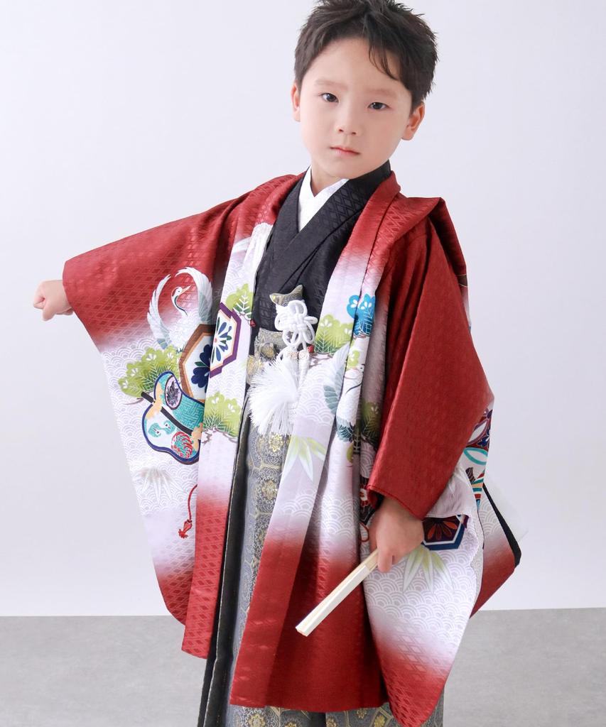 Kimono Haori and Full Hawk Kabuto Matsu B Tachi Kabuto Crimson Indigo Hakama String Length [KYOETSU] 5-Year-Old Boy's Shichi-Go-San Set, Hakama, Set,