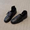 Cowhide Version~ Retro Minimalist Thick Heel Small Leather Shoes Round Head British Style Loafers Versatile One-pedal Black Single Shoes