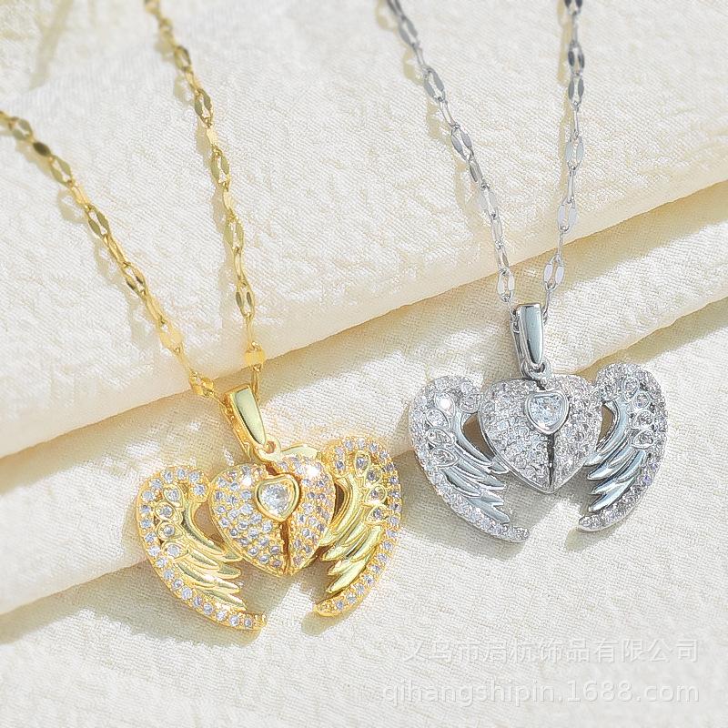 Titanium Steel Love Necklace Women'S Senior Creative Personality Versatile Open And Close Angel Wings Pendant Jewelry