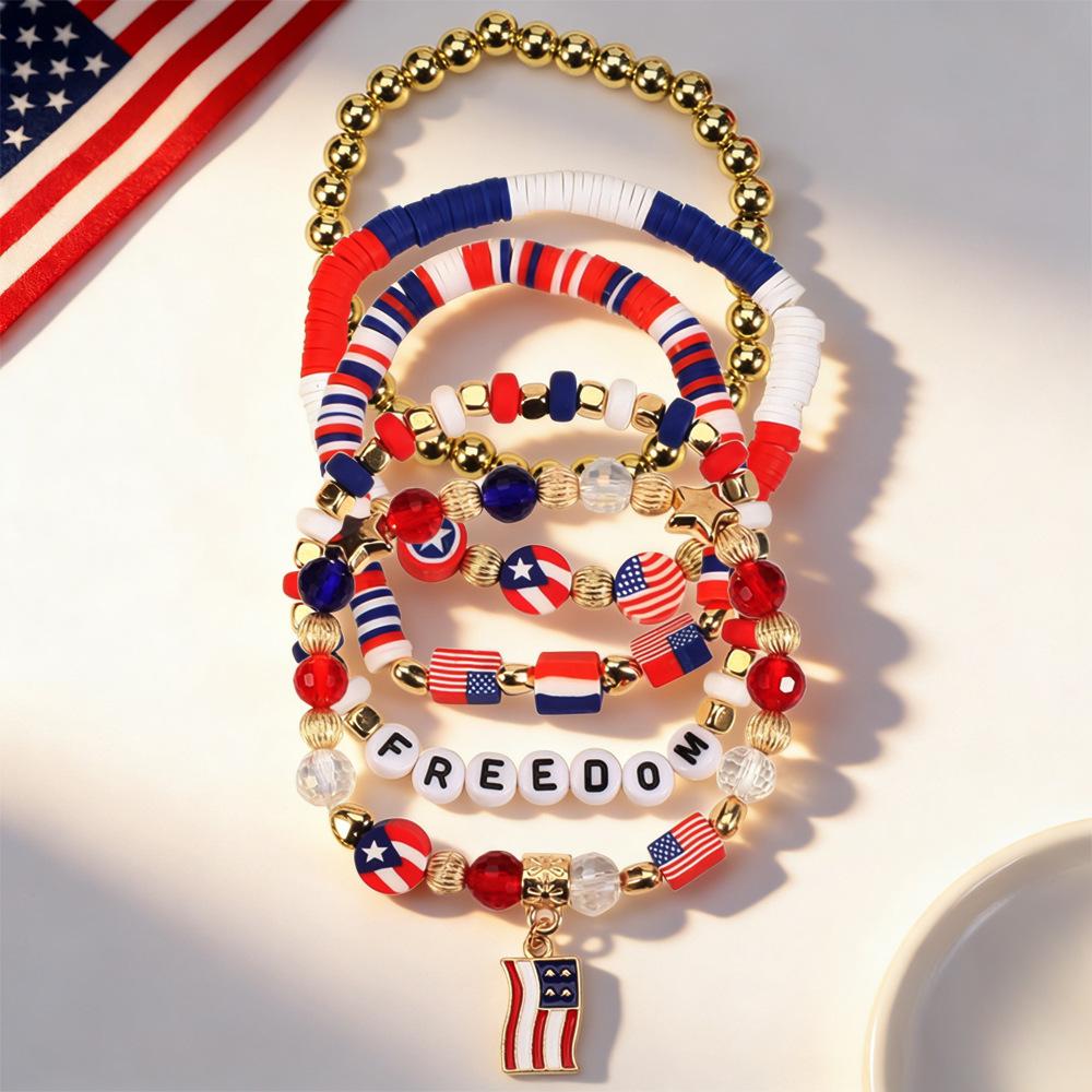 Independence Day Red, White & Blue Beaded Bracelet Set with Artificial Crystal & Polymer Clay