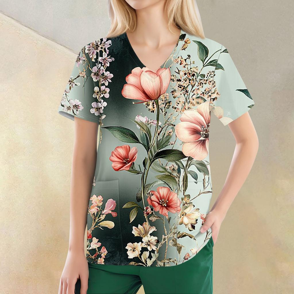 Women's V-neck Fashion Casual Printed Tops And Protective Workwear