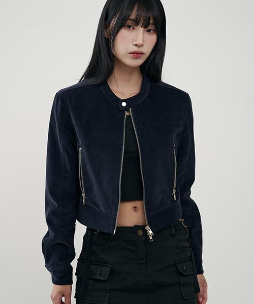 Arrayed Vertical Biker Crop Corduroy Jacket [Navy]