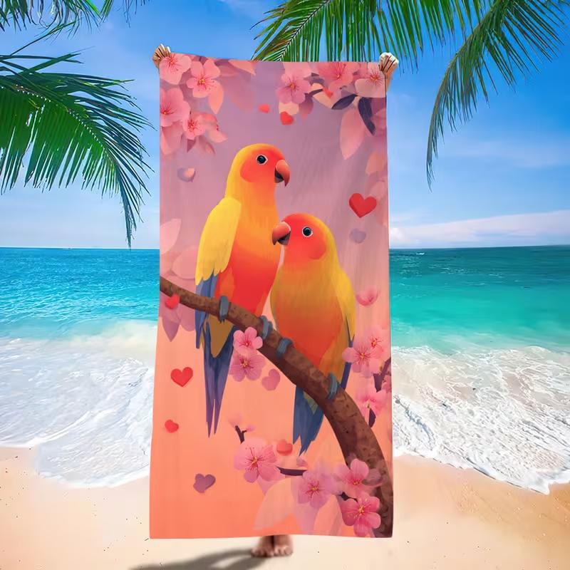 Cute Parrot Cherry Blossom Beach Towel Quick Dry Sandproof Large Towel Romantic Floral Portable Blanket for Beach Holiday