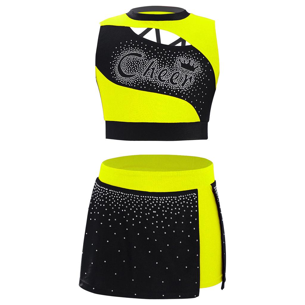 Girls Dance Crop Top and Skirt Set Sleeveless Rhinestone Design Side Slit Cheerleading Costume