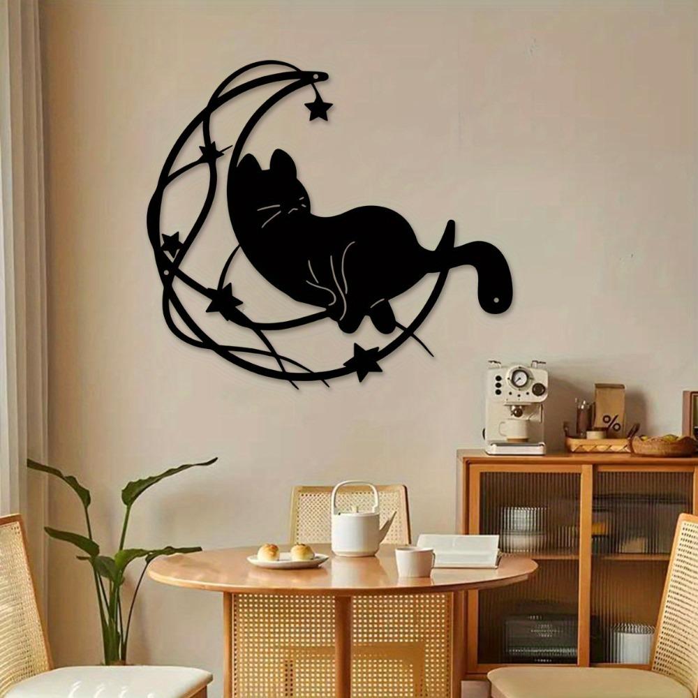 Skurriles Mondlichtkatze Metall-Wandkunst Innen Außen Dekoration für Wohnzimmer Terrasse Balkon Magischer Hausakzent
