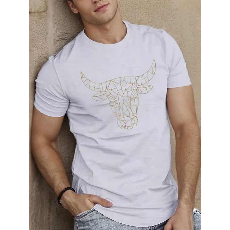 European Sizes Men's Bull Head Print T-Shirt -  Breathable Summer Shirt with Bull Horns Design, Slight Stretch Round Neck Casual Top