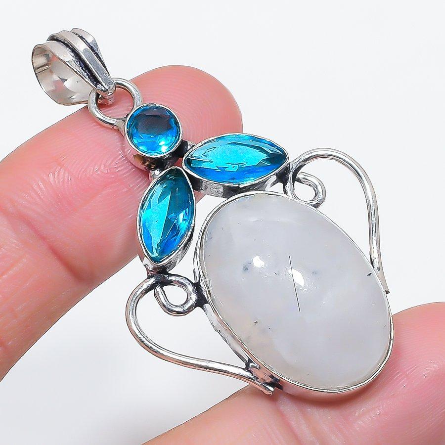 Natural Moonstone, Topaz Gemstone 925 Sterling Silver Jewelry Pendant 2.21" v0C94