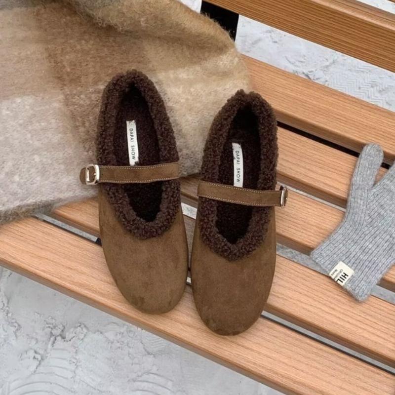 Flats Women Loafers Shoes Fur Fashion Mary Jane Shoes  Short Plush Designer Cotton Shoes  Comfort Dress Snow Mujer Botas