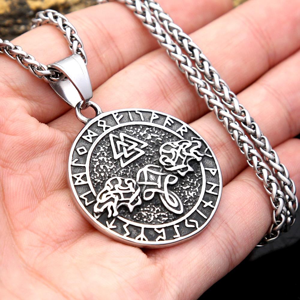 European and American Vikings Golden Wolf Head Triangular Rune Pendant Male Tide Personality Versatile Stainless Steel Necklace Jewelry
