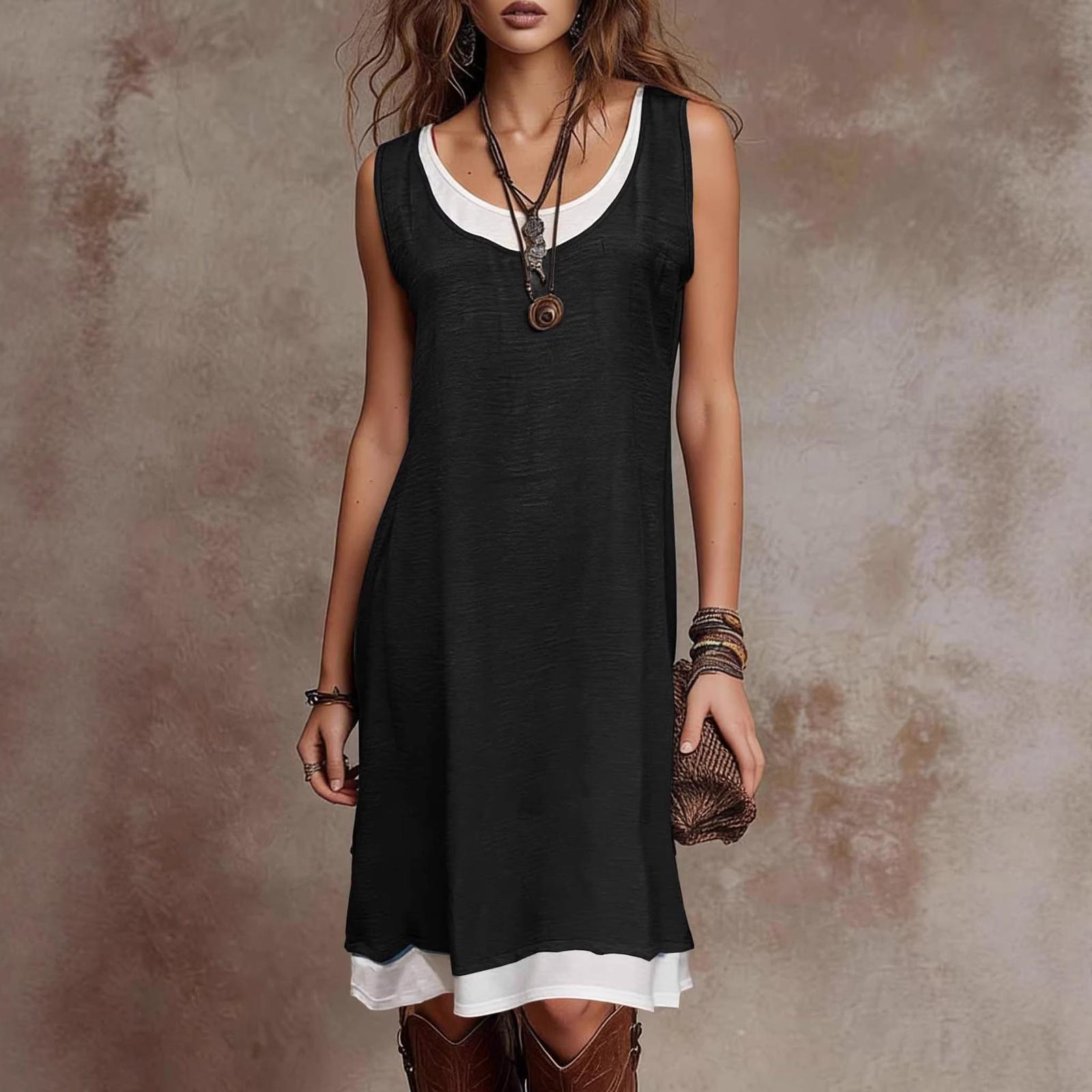Women s Casual Color-blocked Vest Dress L чёрный