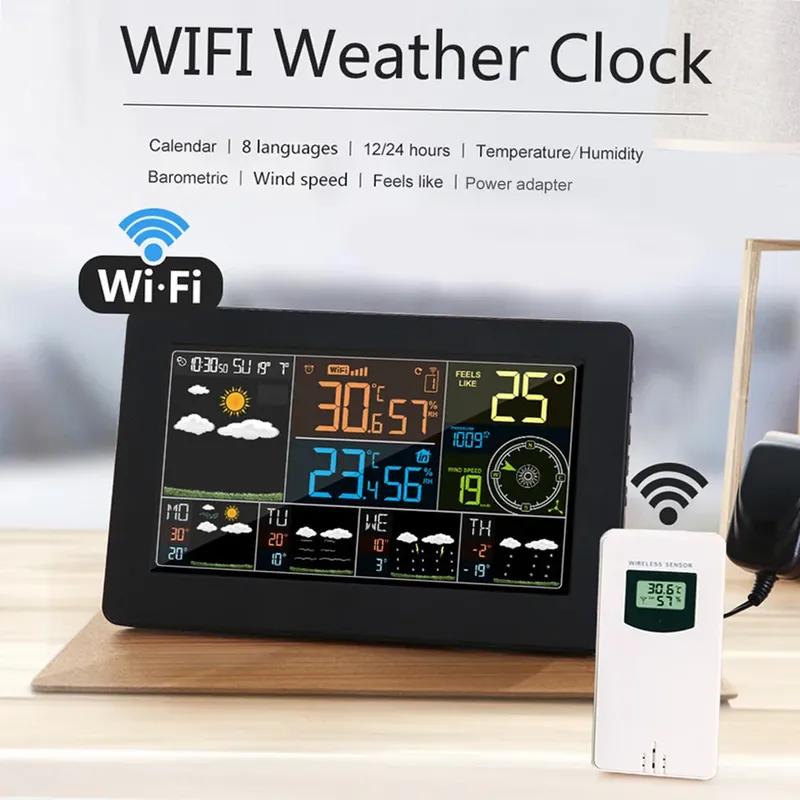 Stazione Meteorologica Smart WiFi Temperatura Umidità Interna Esterna Pressione Atmosferica Velocità del Vento Display Controllo APP Orologio Multifunzione