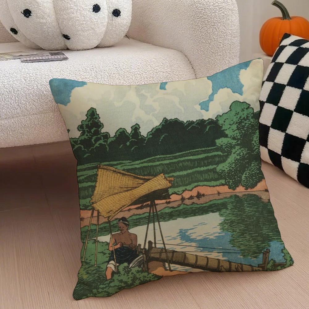 Hasui Kawase Cushion Cover Throw Pillow Cover Hidden Button Durable Polyester Chair Cushion