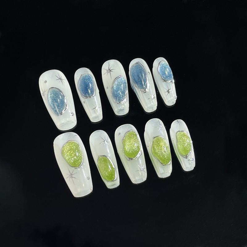 Handmade Press-On Nails With 3D Relief Design Cat Eye Effect Sparkling Dual-Tone Mismatched Tips Women
