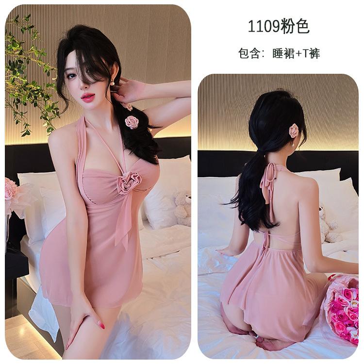 Sex underwear, sexy pajamas, pure desire wind, neck sling skirt, perspective rose nightdress women